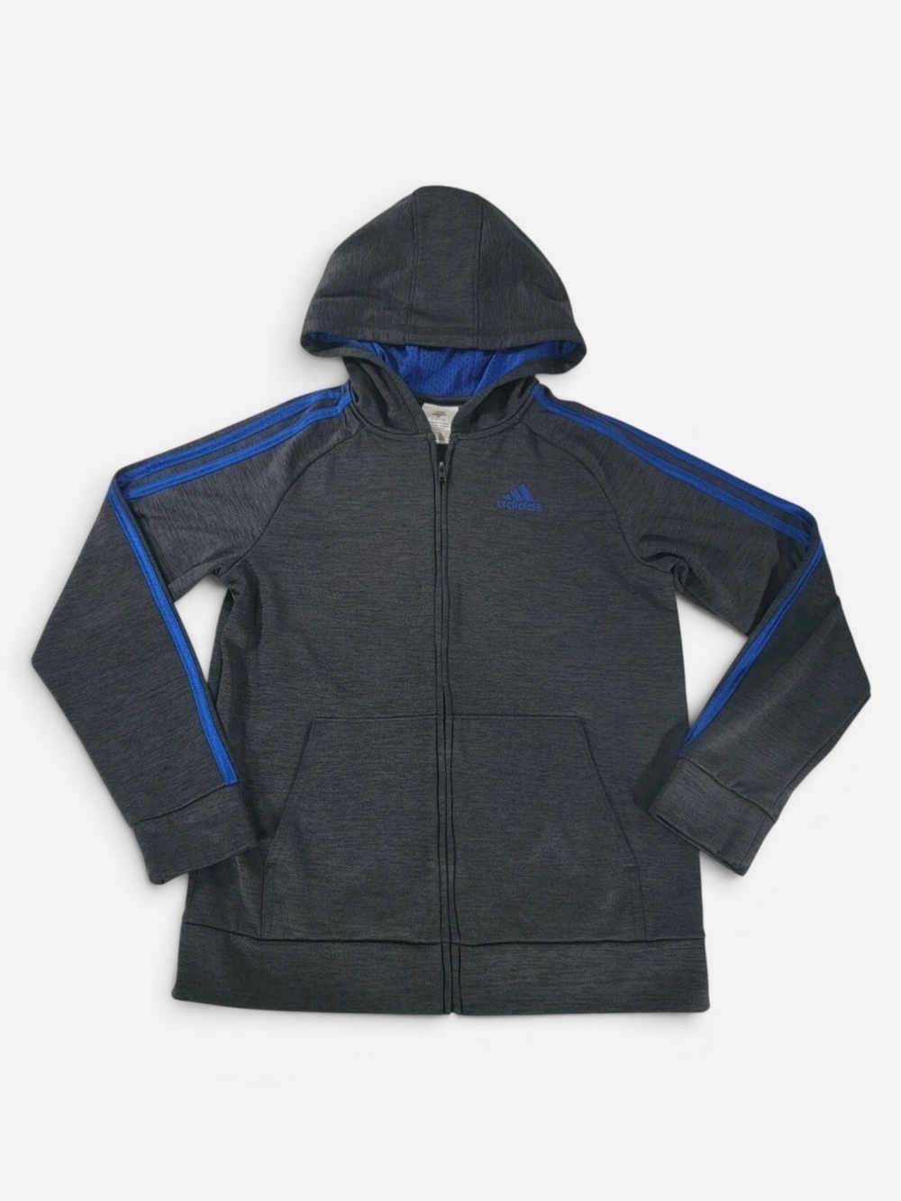 Adidas Kids Boys L Fleece Zip Hoodie Grey Blue 3‑Stripes Athleisure Sporty